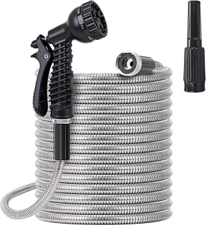 FOXEASE Metal Water Hose 100 ft - Stainless Steel Water Hose with 2 Nozzles, Lightweight, Tangle Free & Kink Free, Heavy Duty, High Pressure, Flexible, Dog Proof
