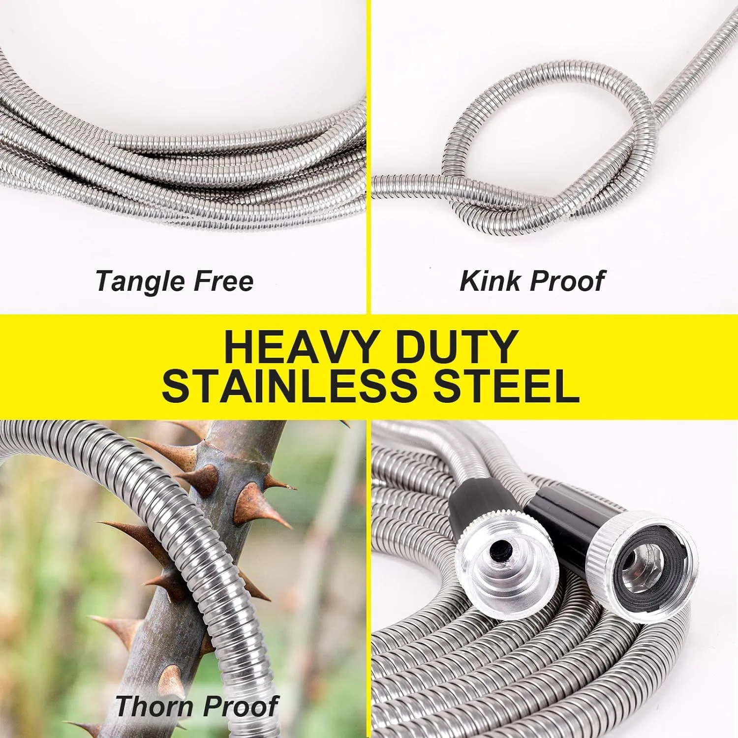 FOXEASE Metal Water Hose 100 ft - Stainless Steel Water Hose with 2 Nozzles, Lightweight, Tangle Free & Kink Free, Heavy Duty, High Pressure, Flexible, Dog Proof