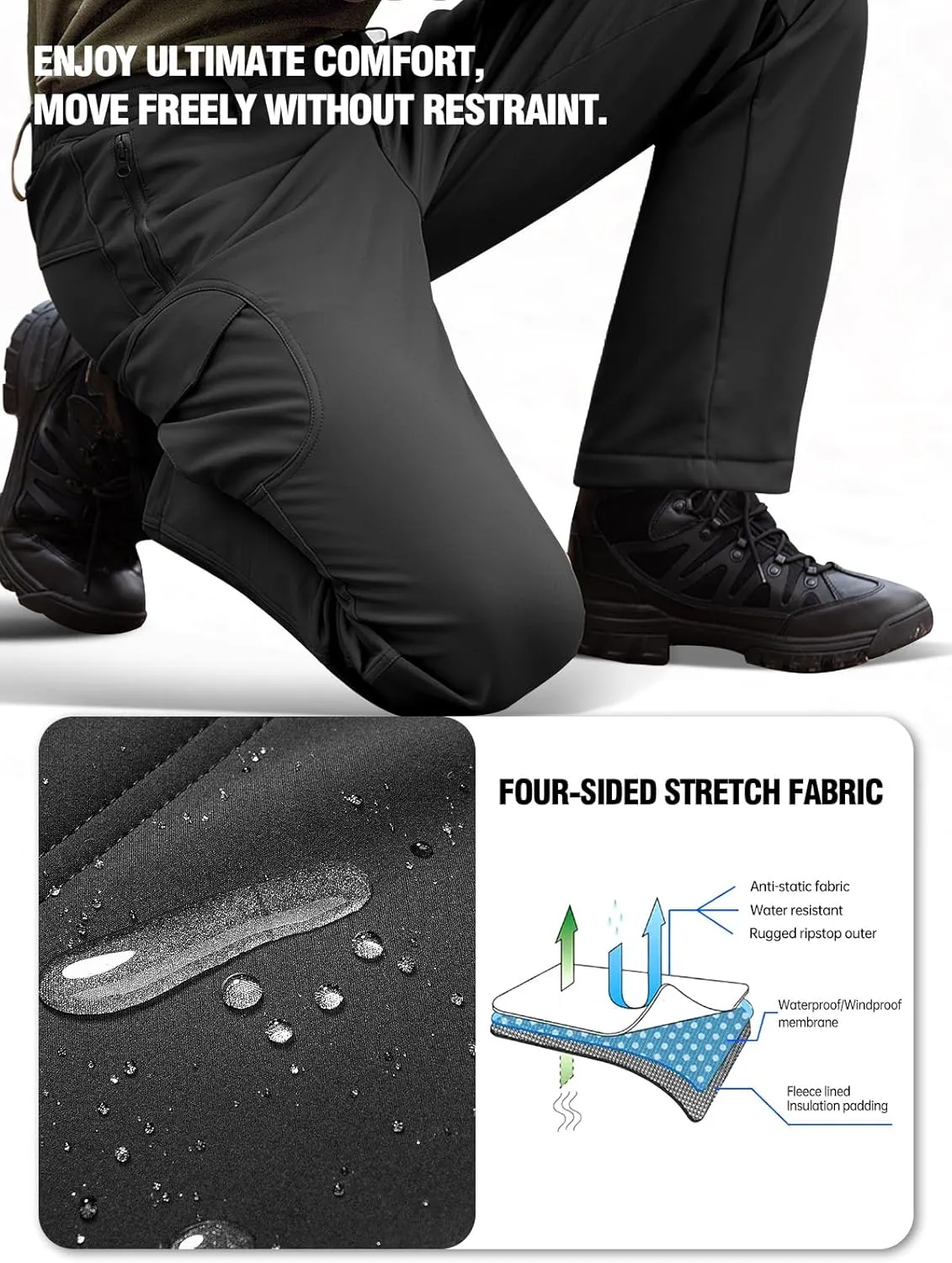 FREE SOLDIER Men's Outdoor Softshell Fleece Lined Cargo Pants Snow Ski Hiking Pants with Belt
