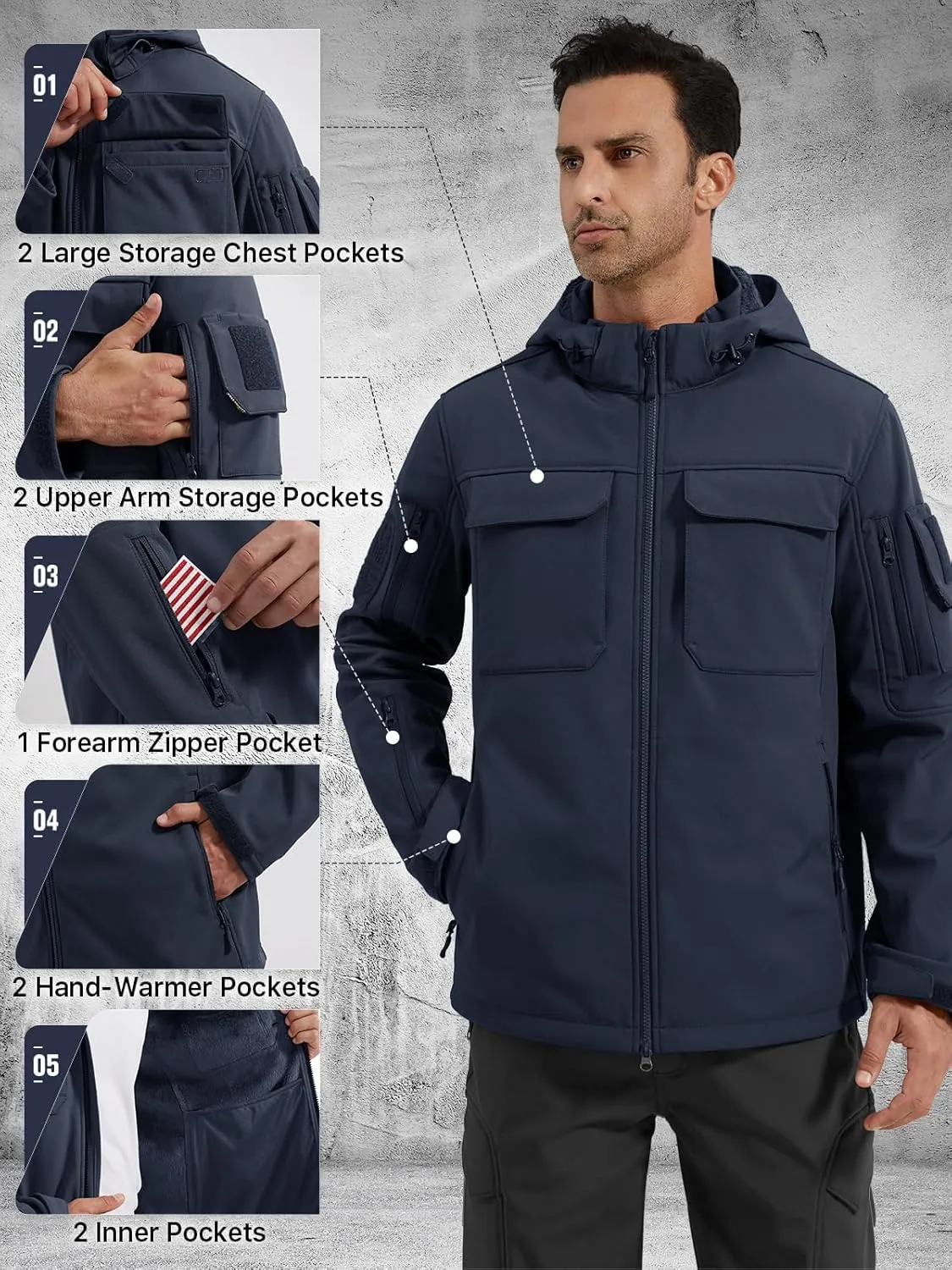 FREE SOLDIER Men's Waterproof Softshell Jacket Thick Fleece Lined Outdoor Jacket Tactical Military Hoodie Windbreaker