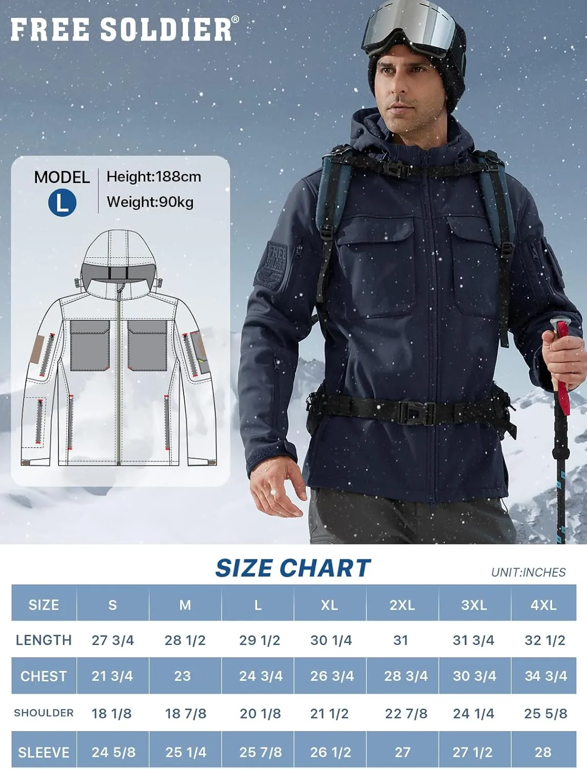 FREE SOLDIER Men's Waterproof Softshell Jacket Thick Fleece Lined Outdoor Jacket Tactical Military Hoodie Windbreaker