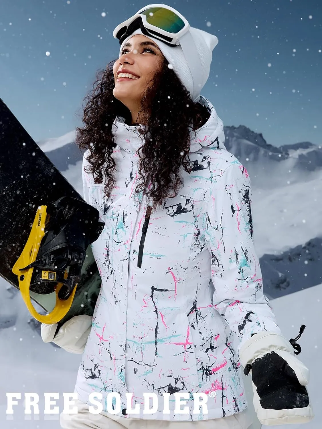 FREE SOLDIER Women's Waterproof Ski Snow Jacket Fleece Lined Warm Winter Rain Jacket with Hood Fully Taped Seams