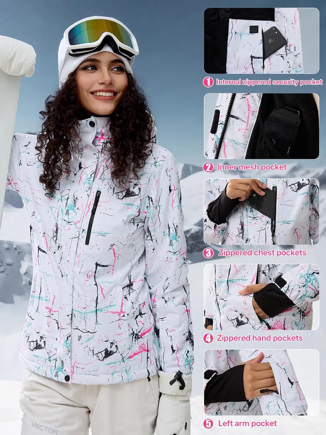 FREE SOLDIER Women's Waterproof Ski Snow Jacket Fleece Lined Warm Winter Rain Jacket with Hood Fully Taped Seams