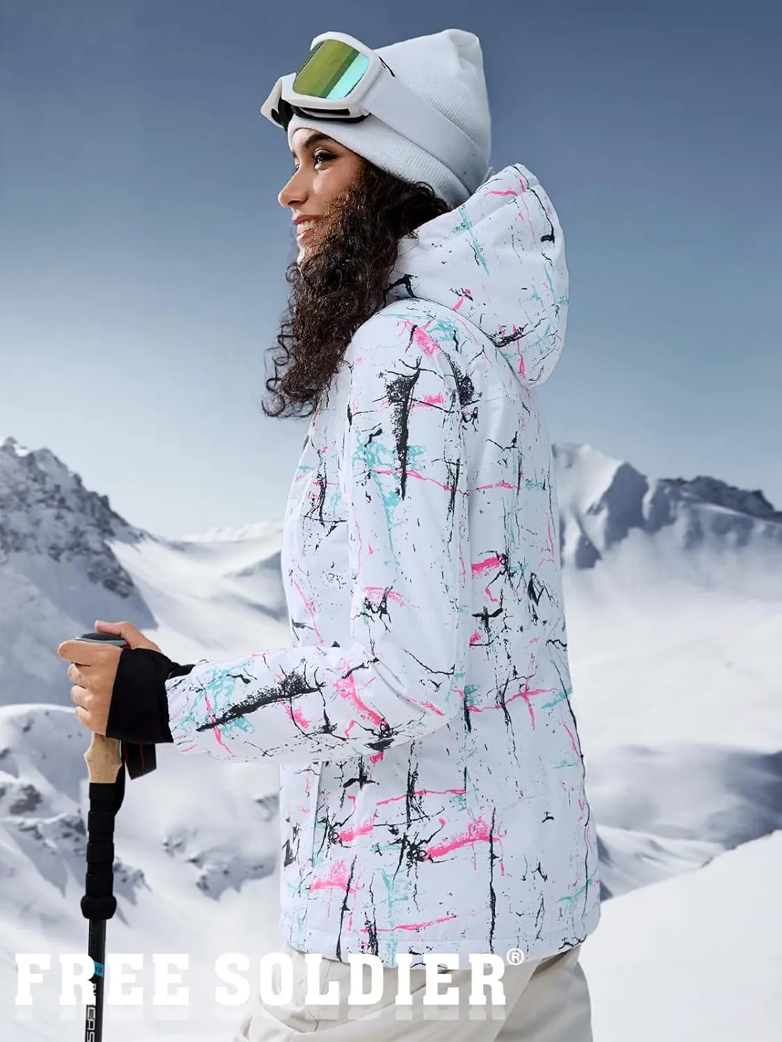 FREE SOLDIER Women's Waterproof Ski Snow Jacket Fleece Lined Warm Winter Rain Jacket with Hood Fully Taped Seams
