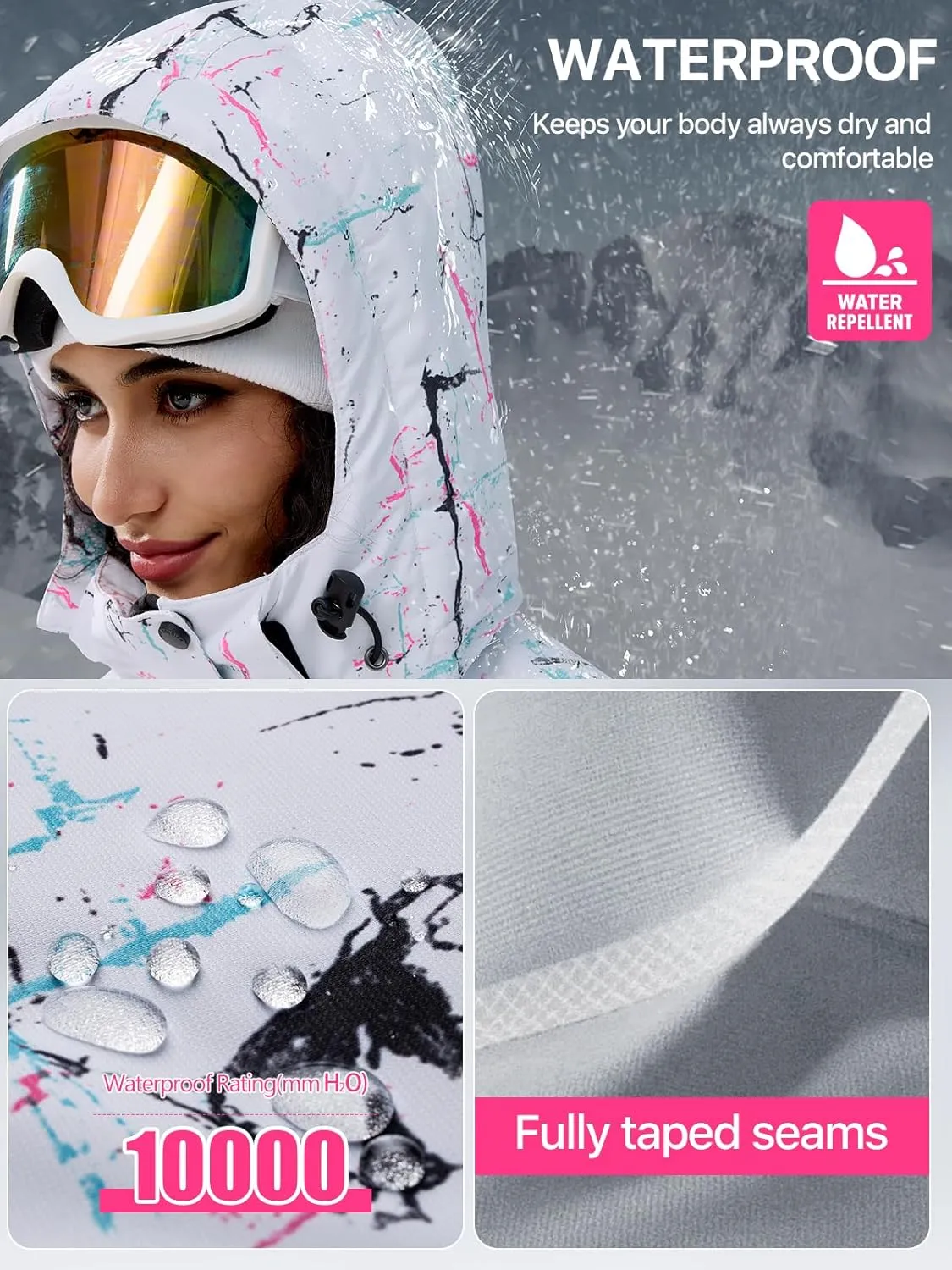 FREE SOLDIER Women's Waterproof Ski Snow Jacket Fleece Lined Warm Winter Rain Jacket with Hood Fully Taped Seams