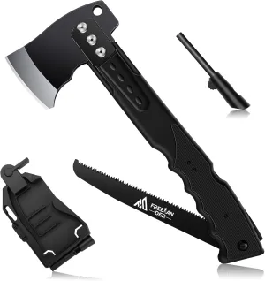 Freelander 4-in-1 Survival Axe and Hatchet, Multitool Camping Axe with Folding Saw, Flintstone Whistle, Hammer, Hatchet Sheath, Camp Axe for Camping, Hiking, Outdoor Adventure
