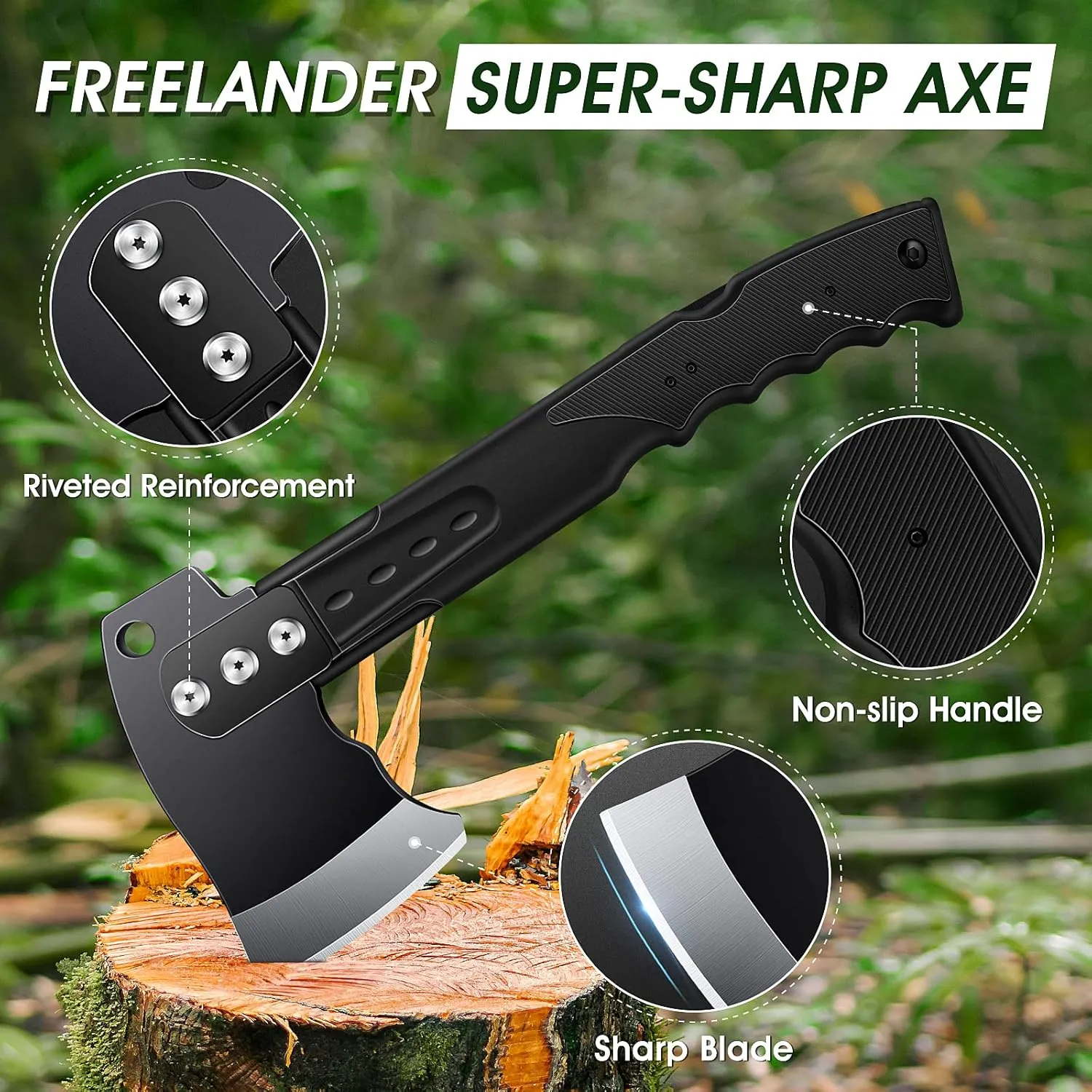 Freelander 4-in-1 Survival Axe and Hatchet, Multitool Camping Axe with Folding Saw, Flintstone Whistle, Hammer, Hatchet Sheath, Camp Axe for Camping, Hiking, Outdoor Adventure