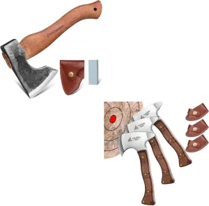Freelander Camping Hatchet Axe, 11'' Hand-Forged Axe with Sheath, Viking Throwing Axe Set with Leather Sheath, 8.3" Professional Throwing Axes and Tomahawks 3, Throwing Hatchet