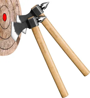 Freelander Throwing Axe with Oak Handle, High Carbon Steel Blade and Metal Wedge, Outdoor Hatchet with Spike Hammer Back for Camping, Chopping, and Throwing (Two-Piece Set)