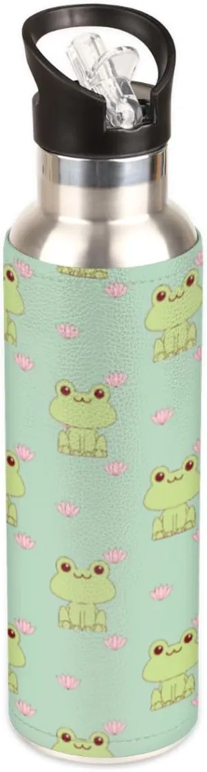 Frog Insulated Metal Water Bottle with Straw - Leak Proof Stainless Steel, Sports Bottle with Handle, Wide Mouth for Travel, Fitness & Outdoor Sports