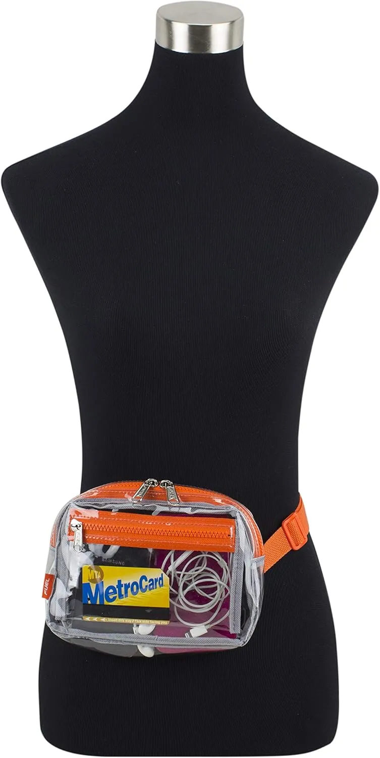 Fuel Transparent Clear Fanny Pack, Stadium Security Approved Adjustable Waist Belt Bag for Running, Hiking, Biking, Travel, Sports, Clear/Orange