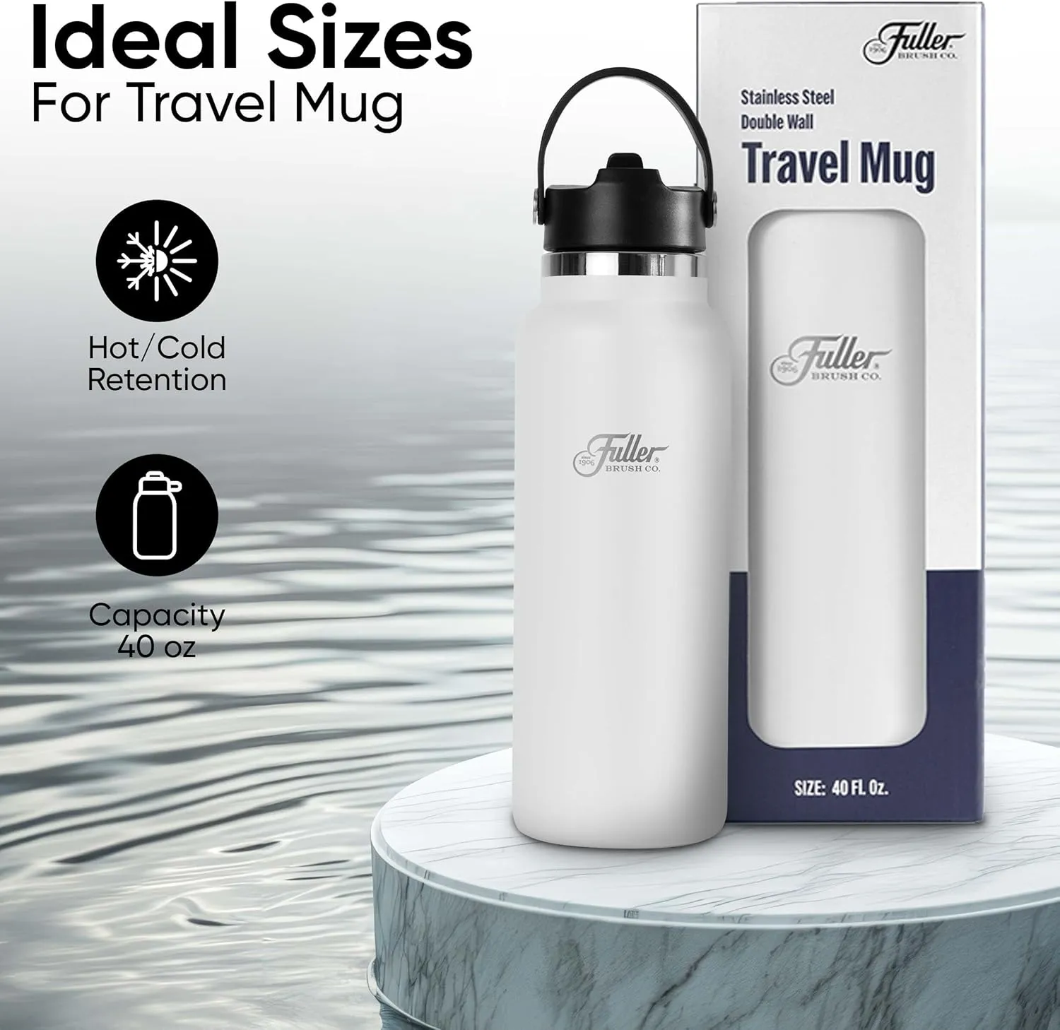 Fuller Stainless Steel Water Bottle with Straw Lid – BPA-Free, Sweat-Proof, Leak-Proof Travel Mug – Double Wall Insulated for Hot & Cold Drinks – Carry Handle (White, 40 Oz.)