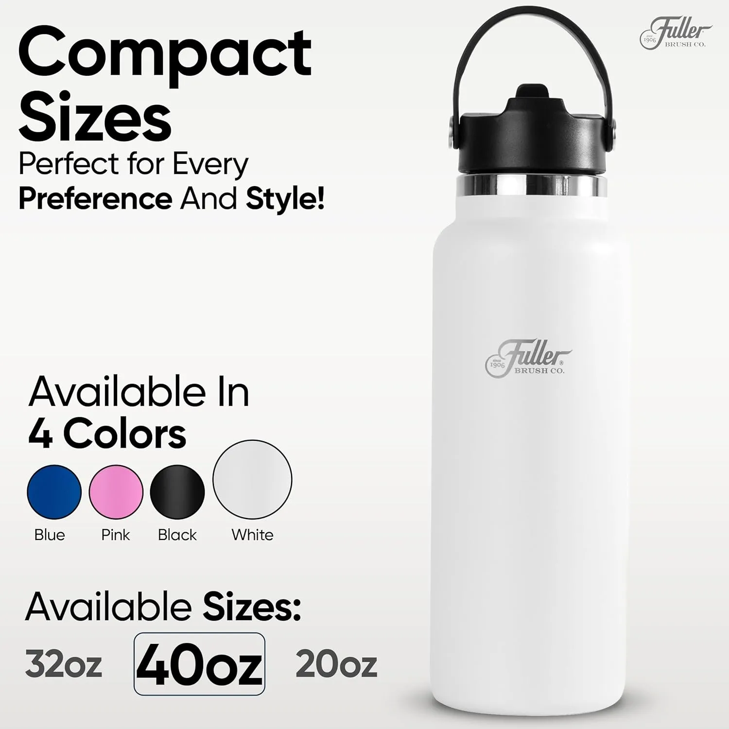 Fuller Stainless Steel Water Bottle with Straw Lid – BPA-Free, Sweat-Proof, Leak-Proof Travel Mug – Double Wall Insulated for Hot & Cold Drinks – Carry Handle (White, 40 Oz.)
