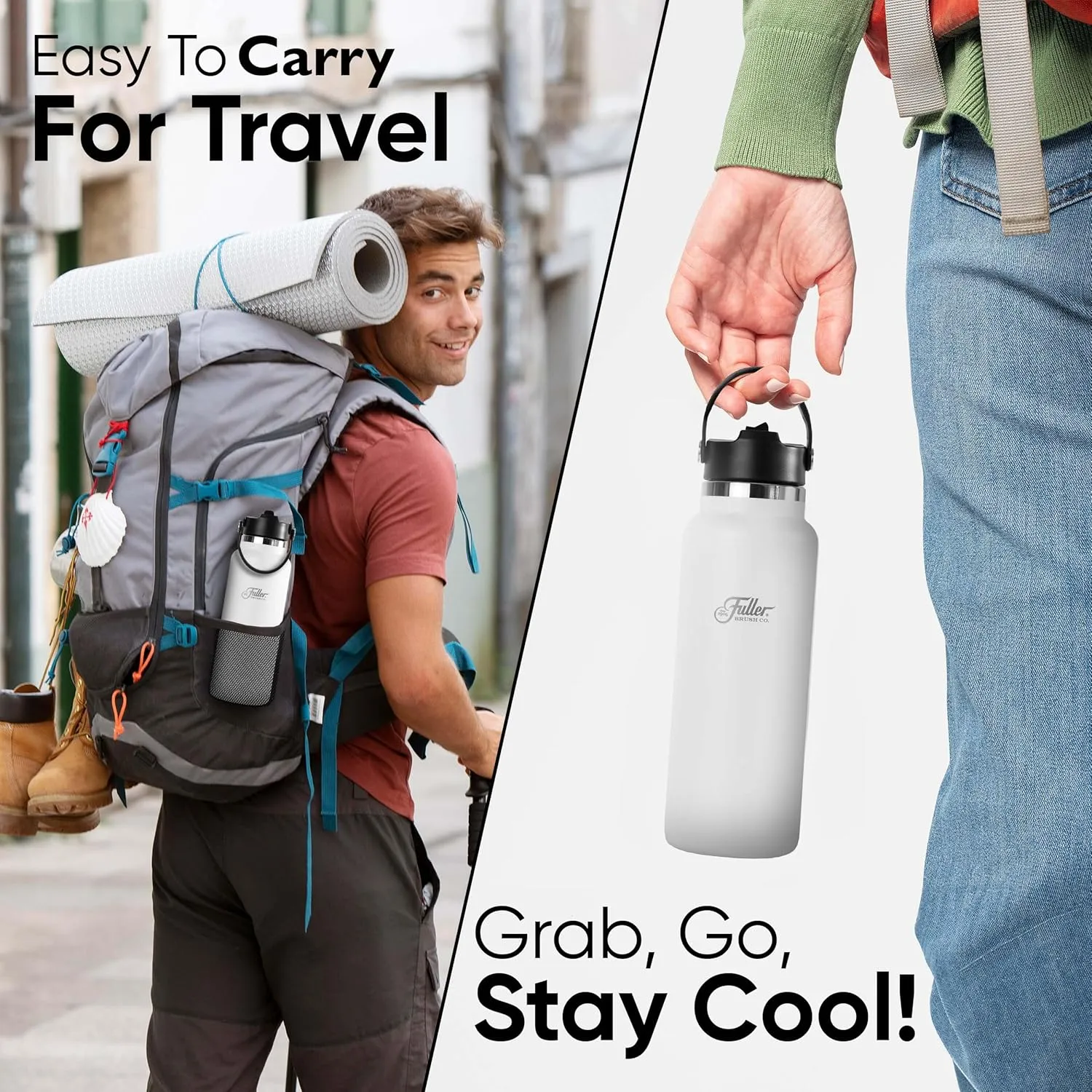 Fuller Stainless Steel Water Bottle with Straw Lid – BPA-Free, Sweat-Proof, Leak-Proof Travel Mug – Double Wall Insulated for Hot & Cold Drinks – Carry Handle (White, 40 Oz.)