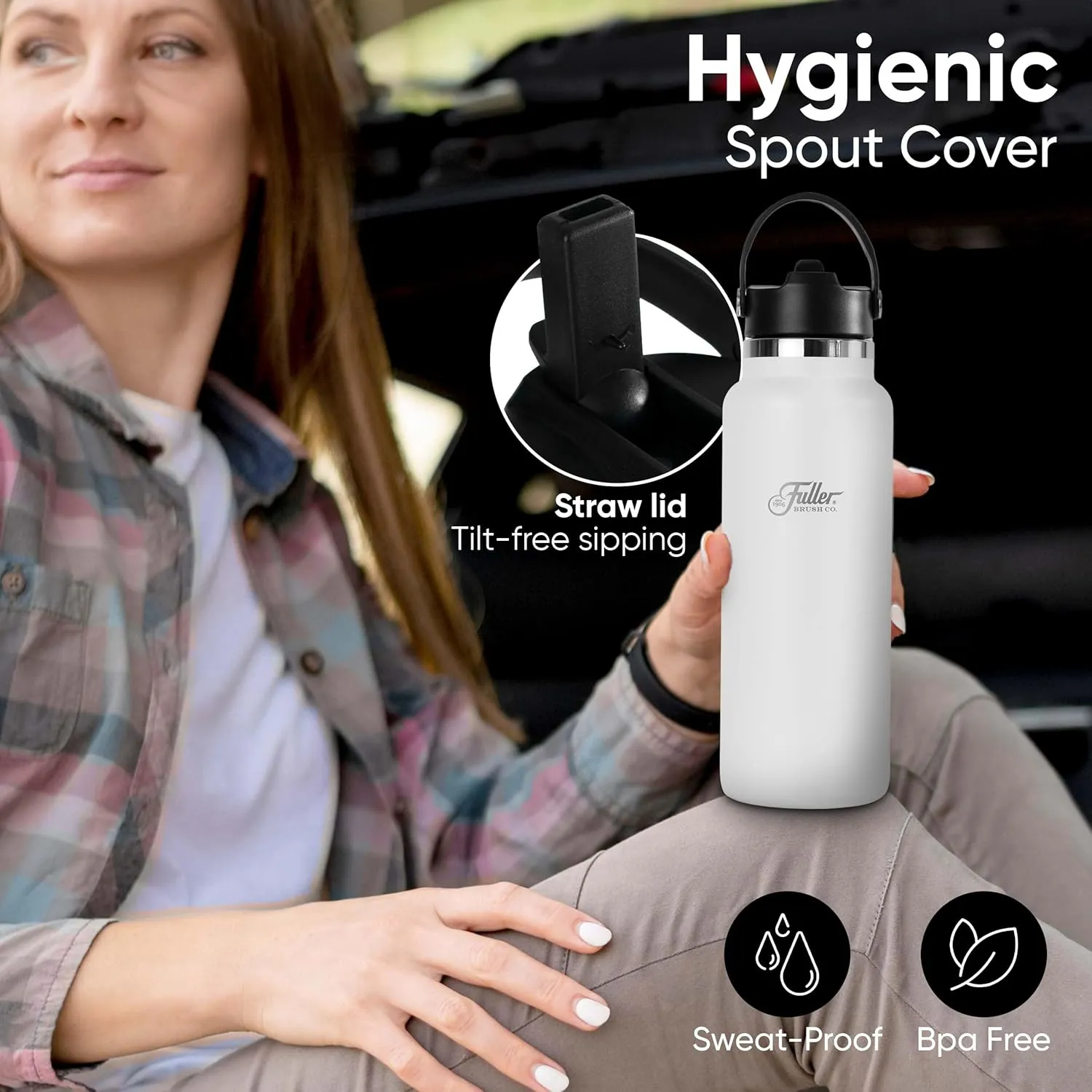 Fuller Stainless Steel Water Bottle with Straw Lid – BPA-Free, Sweat-Proof, Leak-Proof Travel Mug – Double Wall Insulated for Hot & Cold Drinks – Carry Handle (White, 40 Oz.)