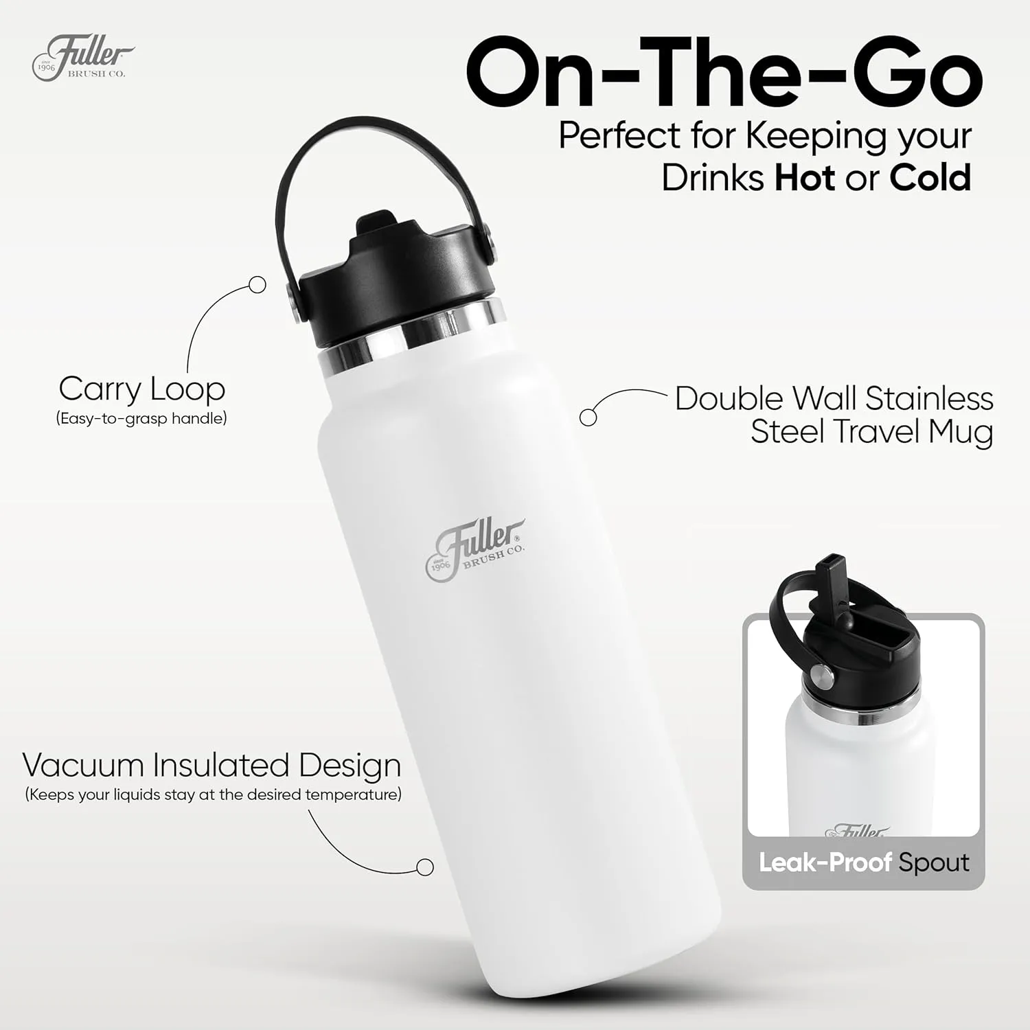 Fuller Stainless Steel Water Bottle with Straw Lid – BPA-Free, Sweat-Proof, Leak-Proof Travel Mug – Double Wall Insulated for Hot & Cold Drinks – Carry Handle (White, 40 Oz.)