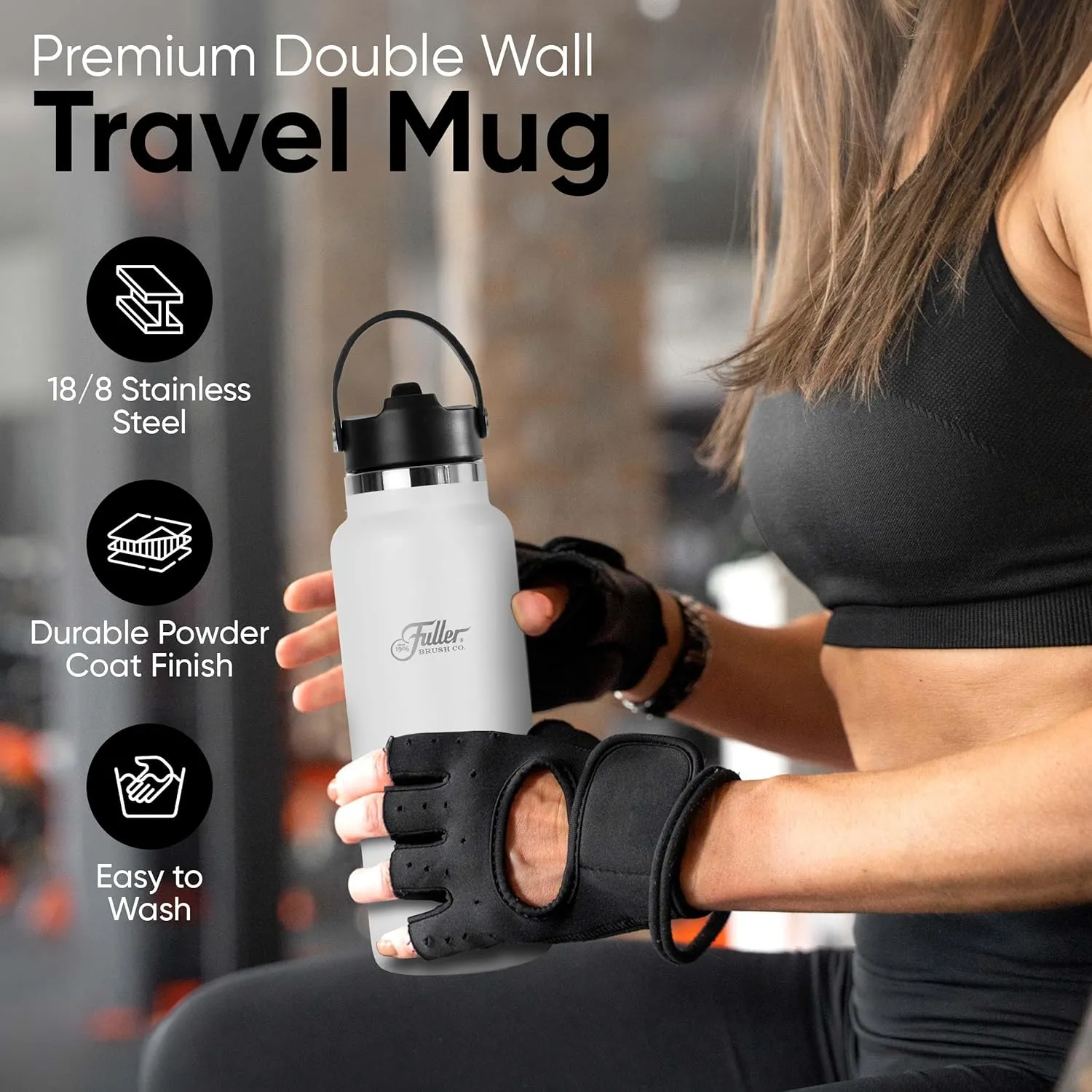 Fuller Stainless Steel Water Bottle with Straw Lid – BPA-Free, Sweat-Proof, Leak-Proof Travel Mug – Double Wall Insulated for Hot & Cold Drinks – Carry Handle (White, 40 Oz.)
