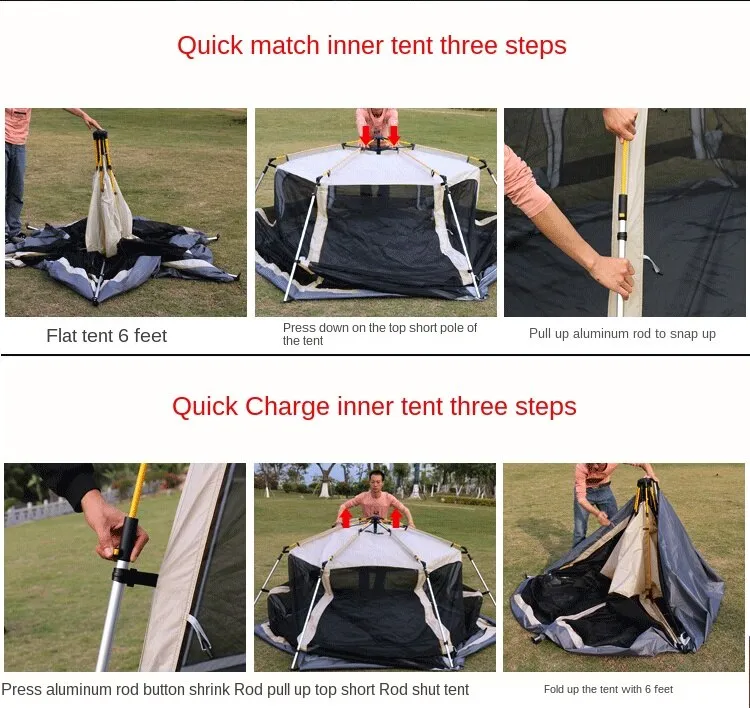 Fully Automatic One Click to Open Hexagonal Outdoor Camping Tent Hydraulic Spring Pole Hexagonal Tent Antistorm Sunscreen Thicken Silver Coated Oxford Large Space Family Pergola