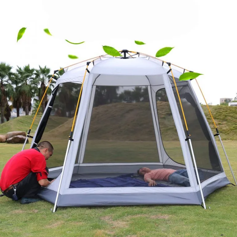 Fully Automatic One Click to Open Hexagonal Outdoor Camping Tent Hydraulic Spring Pole Hexagonal Tent Antistorm Sunscreen Thicken Silver Coated Oxford Large Space Family Pergola