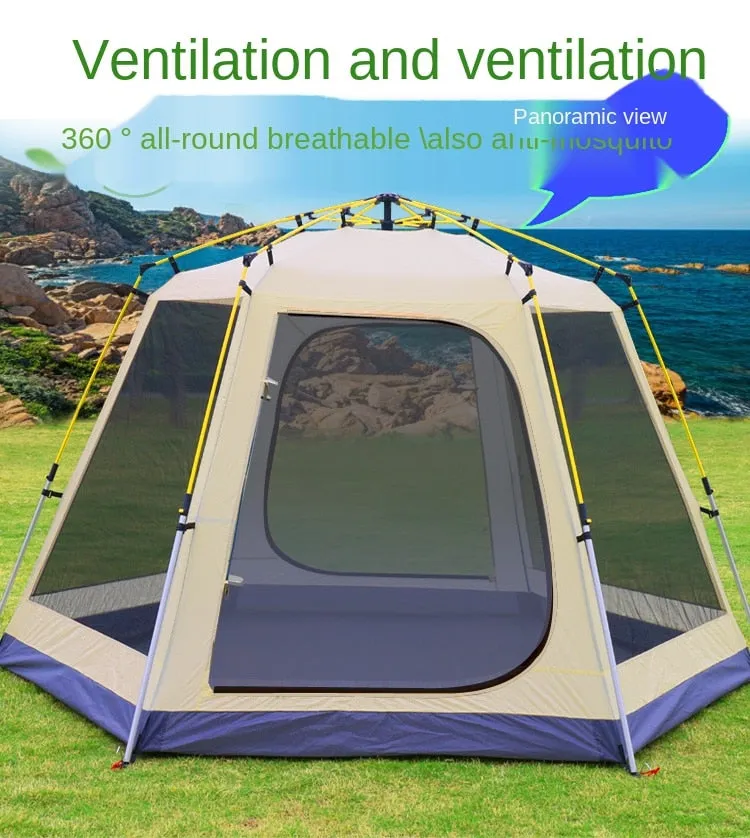 Fully Automatic One Click to Open Hexagonal Outdoor Camping Tent Hydraulic Spring Pole Hexagonal Tent Antistorm Sunscreen Thicken Silver Coated Oxford Large Space Family Pergola