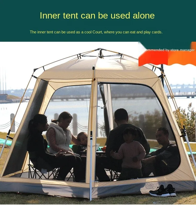 Fully Automatic One Click to Open Hexagonal Outdoor Camping Tent Hydraulic Spring Pole Hexagonal Tent Antistorm Sunscreen Thicken Silver Coated Oxford Large Space Family Pergola