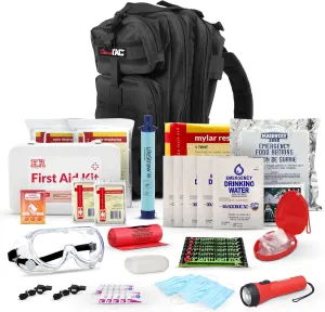 Fully Stocked First Aid Kit with Mylar Rescue Tent, Sleeping Bag, CPR Mask, Survival Gear, Camping Essentials, Travel First Aid Kit, Emergency Supplies & Medical Supplies – Black