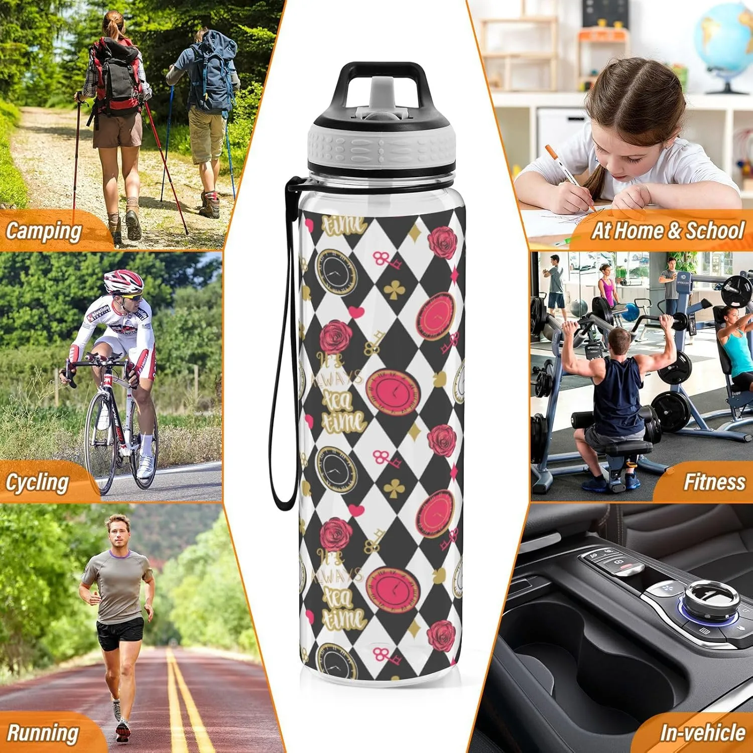 Fustylead Alice Chess Board 32oz BPA Free Water Bottle, Leak-proof Bottle with Carrying Strap, Clear Sports Bottle for Running Cycling Camping