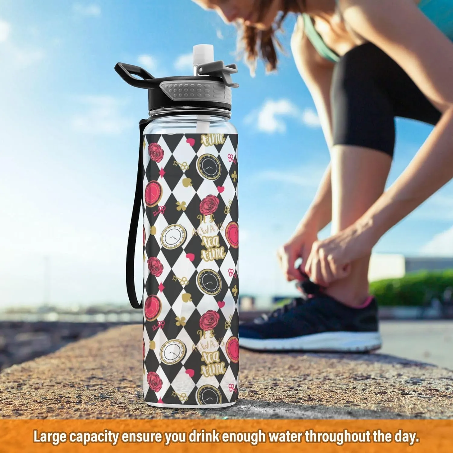 Fustylead Alice Chess Board 32oz BPA Free Water Bottle, Leak-proof Bottle with Carrying Strap, Clear Sports Bottle for Running Cycling Camping