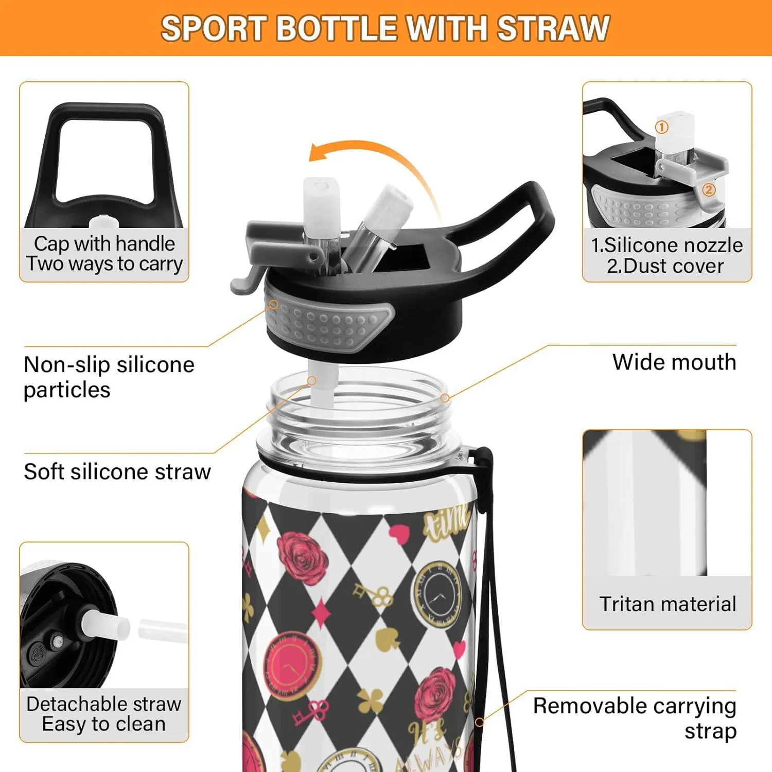 Fustylead Alice Chess Board 32oz BPA Free Water Bottle, Leak-proof Bottle with Carrying Strap, Clear Sports Bottle for Running Cycling Camping