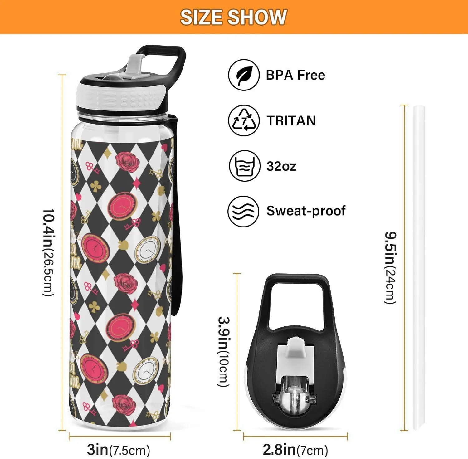 Fustylead Alice Chess Board 32oz BPA Free Water Bottle, Leak-proof Bottle with Carrying Strap, Clear Sports Bottle for Running Cycling Camping