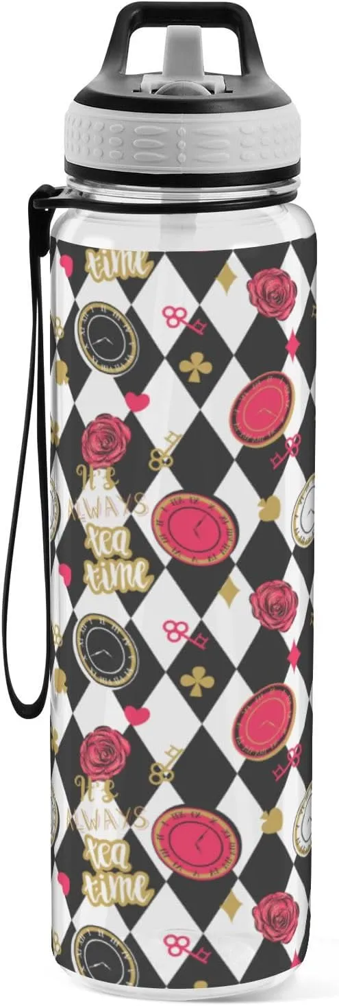 Fustylead Alice Chess Board 32oz BPA Free Water Bottle, Leak-proof Bottle with Carrying Strap, Clear Sports Bottle for Running Cycling Camping