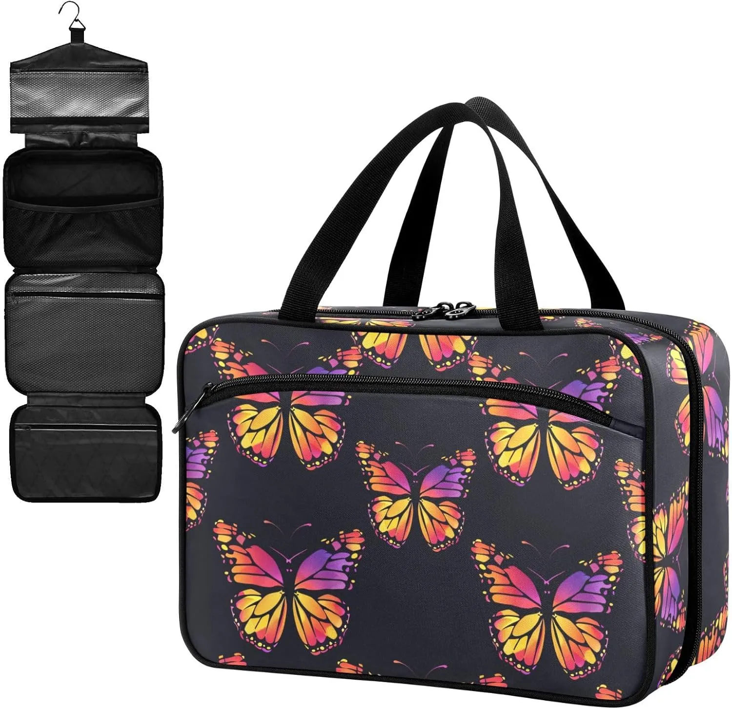 Fustylead Bright Gradient Colors Black Monarch Butterfly Large Medical Storage Bag with Zipper Empty First Aid Bag Trauma Kit for Traveling Hiking Camping Backpacking