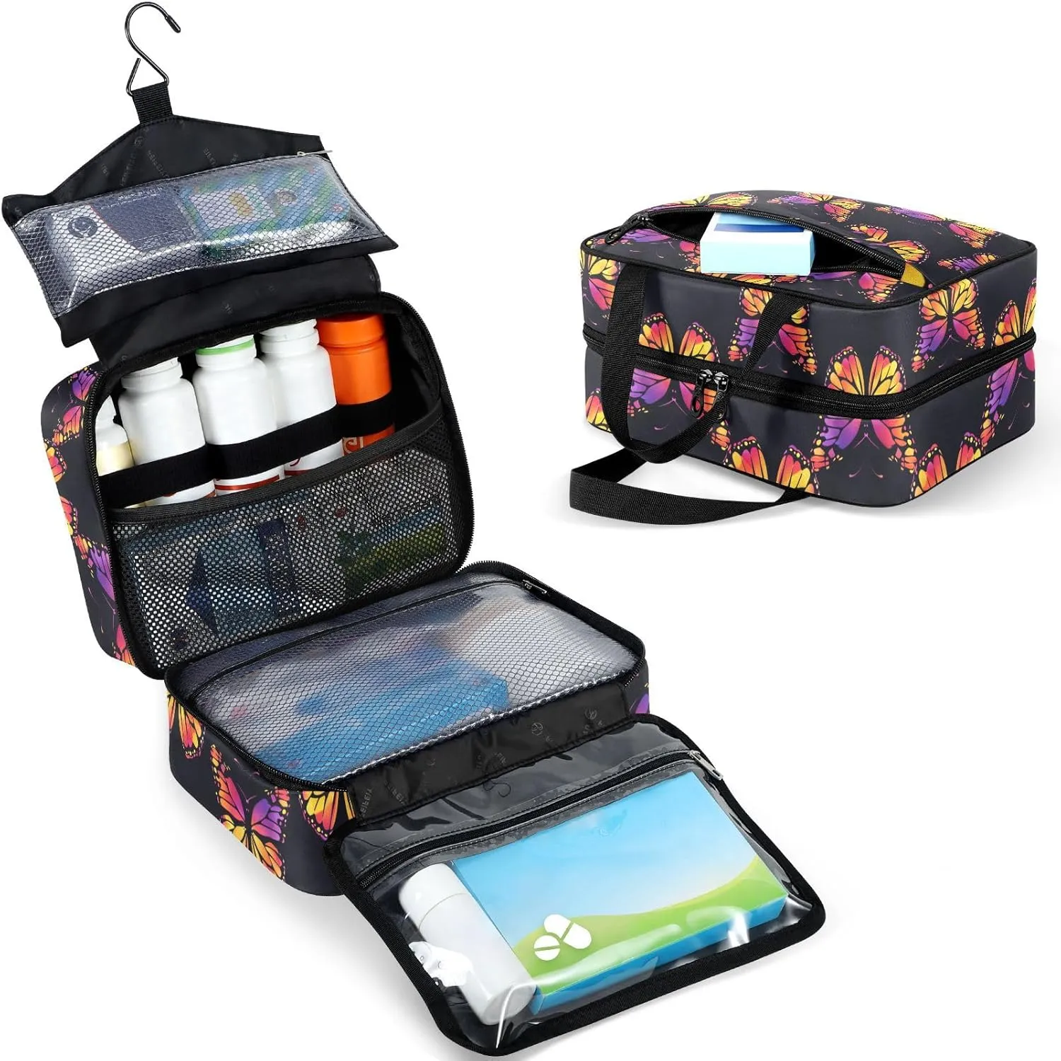 Fustylead Bright Gradient Colors Black Monarch Butterfly Large Medical Storage Bag with Zipper Empty First Aid Bag Trauma Kit for Traveling Hiking Camping Backpacking