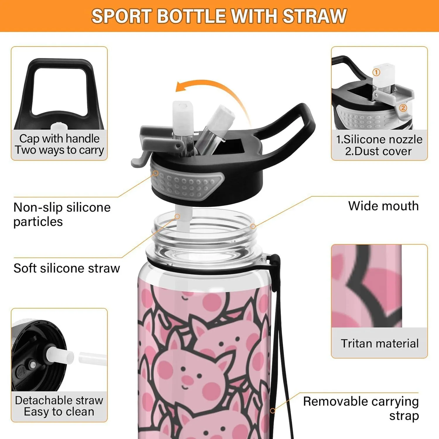 Fustylead Cartoon Piglet Tritan Water Bottle with Straw and Lids, 32 oz Reusable BPA Free Sport Water Bottle for Gym Camping Hiking Travel