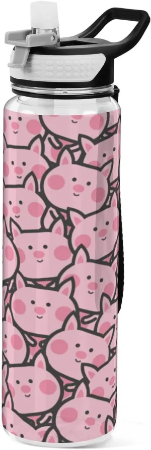 Fustylead Cartoon Piglet Tritan Water Bottle with Straw and Lids, 32 oz Reusable BPA Free Sport Water Bottle for Gym Camping Hiking Travel