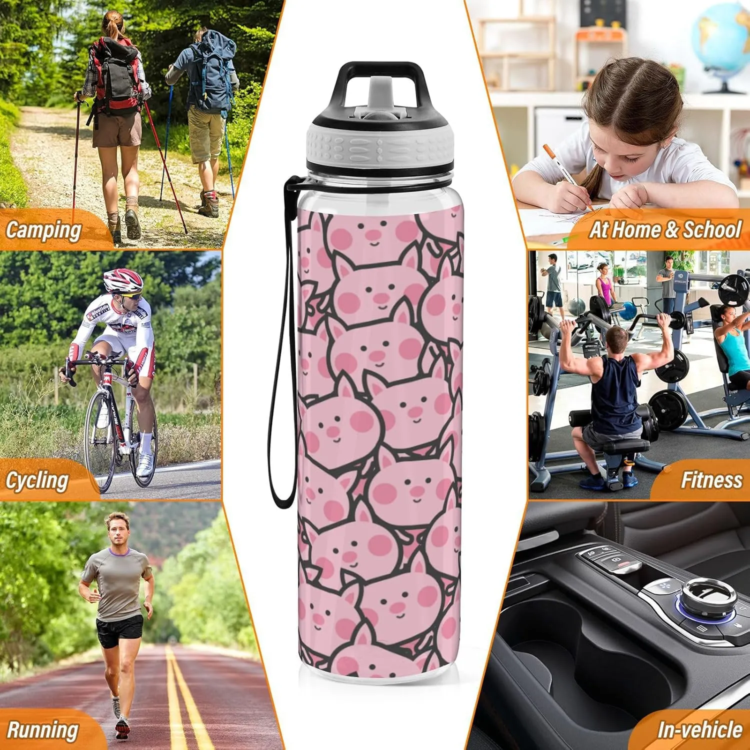 Fustylead Cartoon Piglet Tritan Water Bottle with Straw and Lids, 32 oz Reusable BPA Free Sport Water Bottle for Gym Camping Hiking Travel