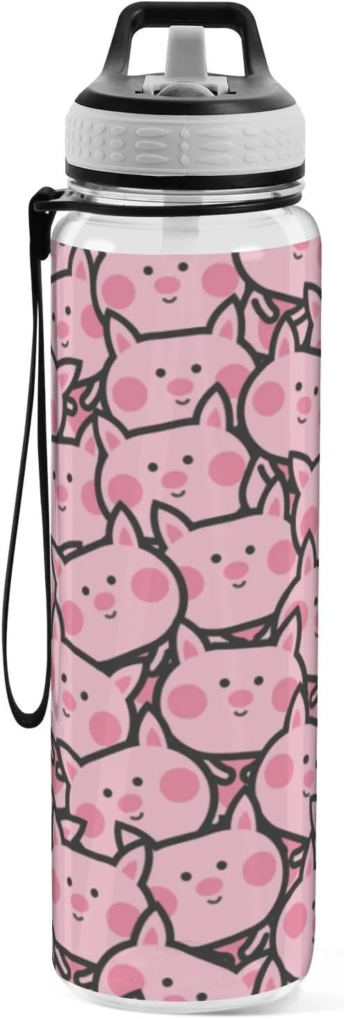 Fustylead Cartoon Piglet Tritan Water Bottle with Straw and Lids, 32 oz Reusable BPA Free Sport Water Bottle for Gym Camping Hiking Travel
