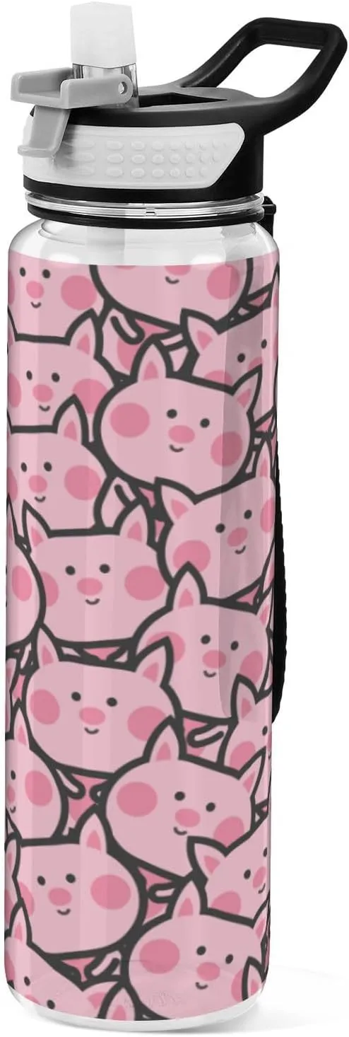 Fustylead Cartoon Piglet Tritan Water Bottle with Straw and Lids, 32 oz Reusable BPA Free Sport Water Bottle for Gym Camping Hiking Travel