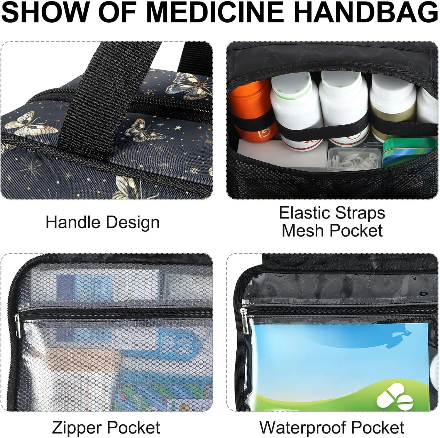 Fustylead Fantastic Butterfly Moon and Stars Large Medical Supplies Organizer Bag with Zipper Empty First Aid Bag Trauma Kit for Traveling Hiking Camping