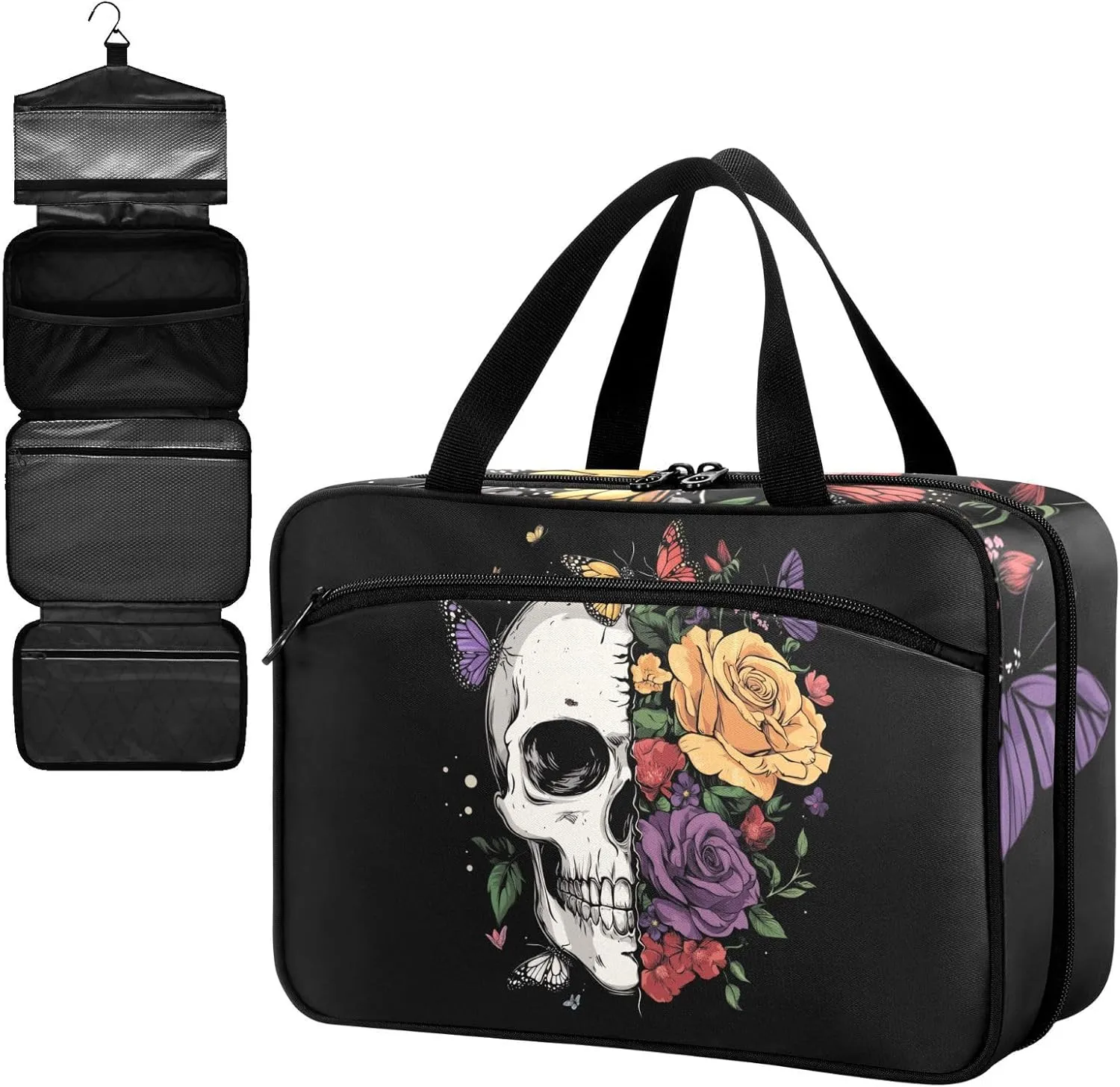 Fustylead Half Floral Half Skull with Butterfly Large Medical Storage Bag with Zipper Empty First Aid Bag Trauma Kit for Traveling Hiking Camping Backpacking