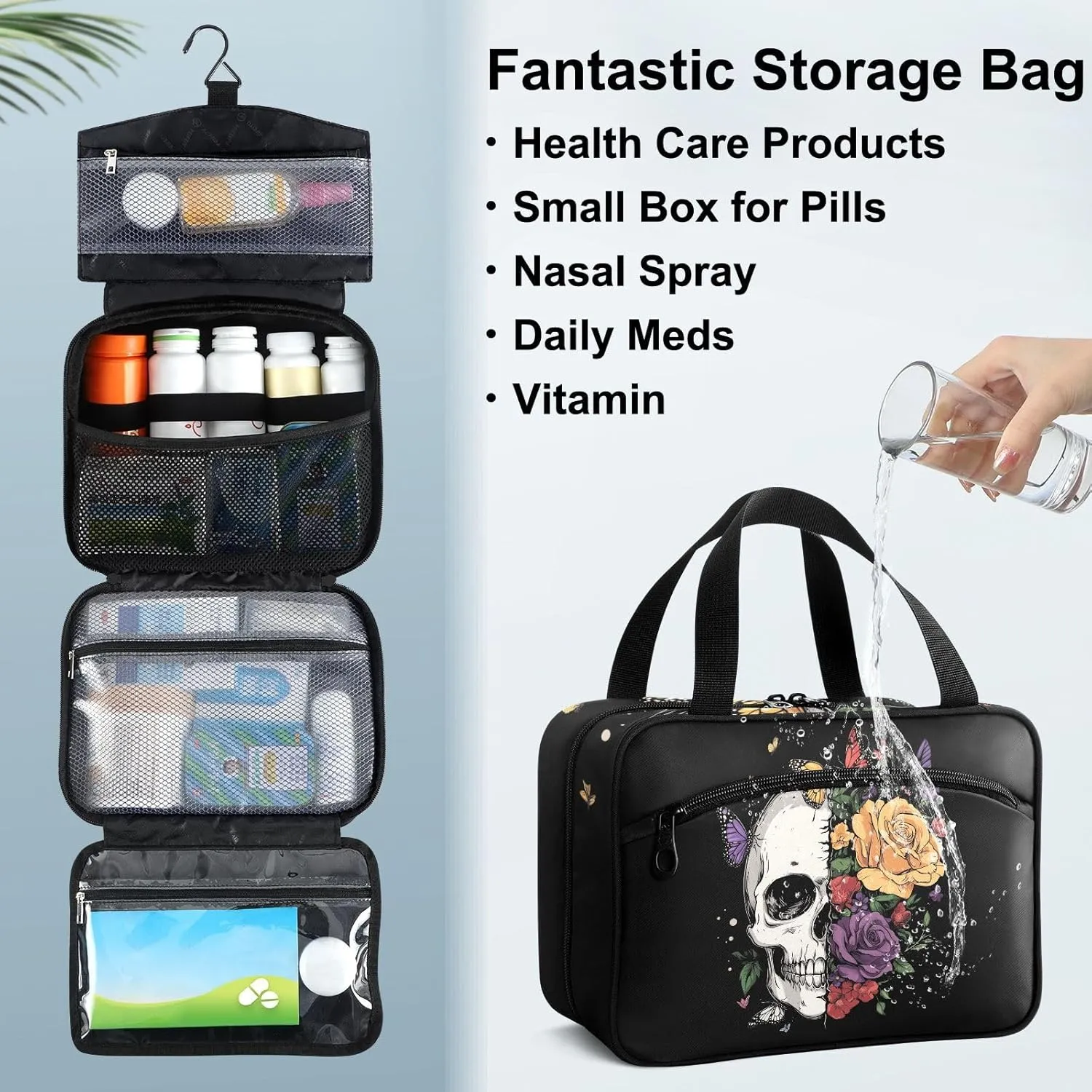 Fustylead Half Floral Half Skull with Butterfly Large Medical Storage Bag with Zipper Empty First Aid Bag Trauma Kit for Traveling Hiking Camping Backpacking
