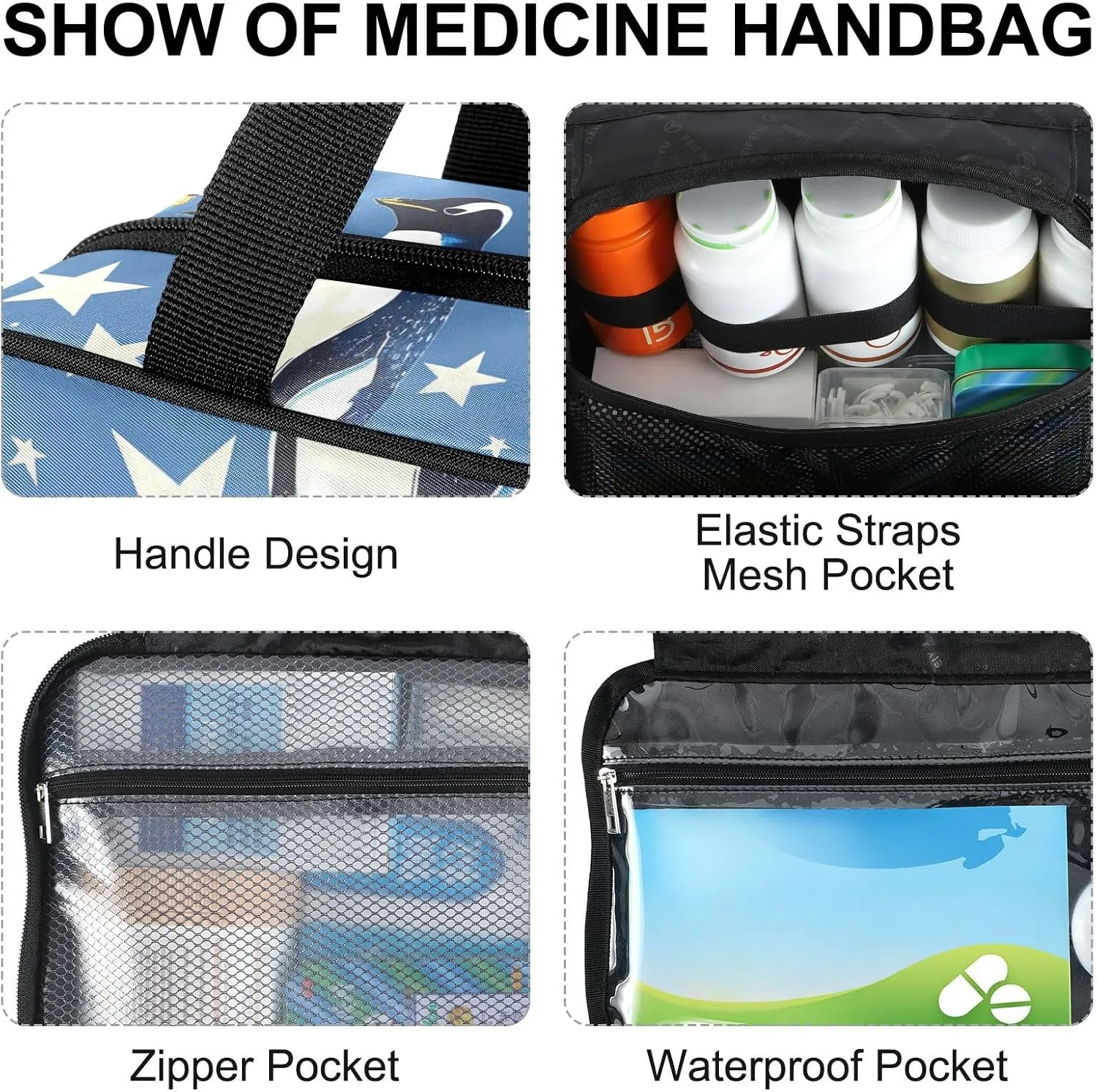 Fustylead Hand Draw Cute Penguin and Stars Large Medical Supplies Organizer Bag with Zipper Empty First Aid Bag Trauma Kit for Traveling Hiking Camping