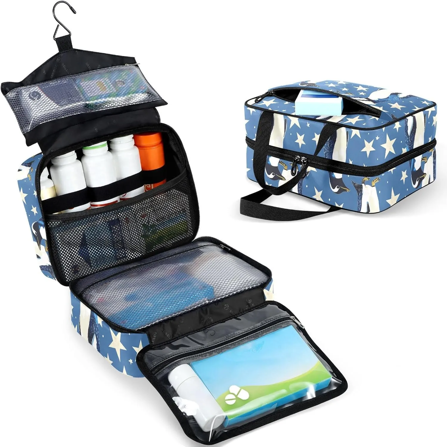Fustylead Hand Draw Cute Penguin and Stars Large Medical Supplies Organizer Bag with Zipper Empty First Aid Bag Trauma Kit for Traveling Hiking Camping