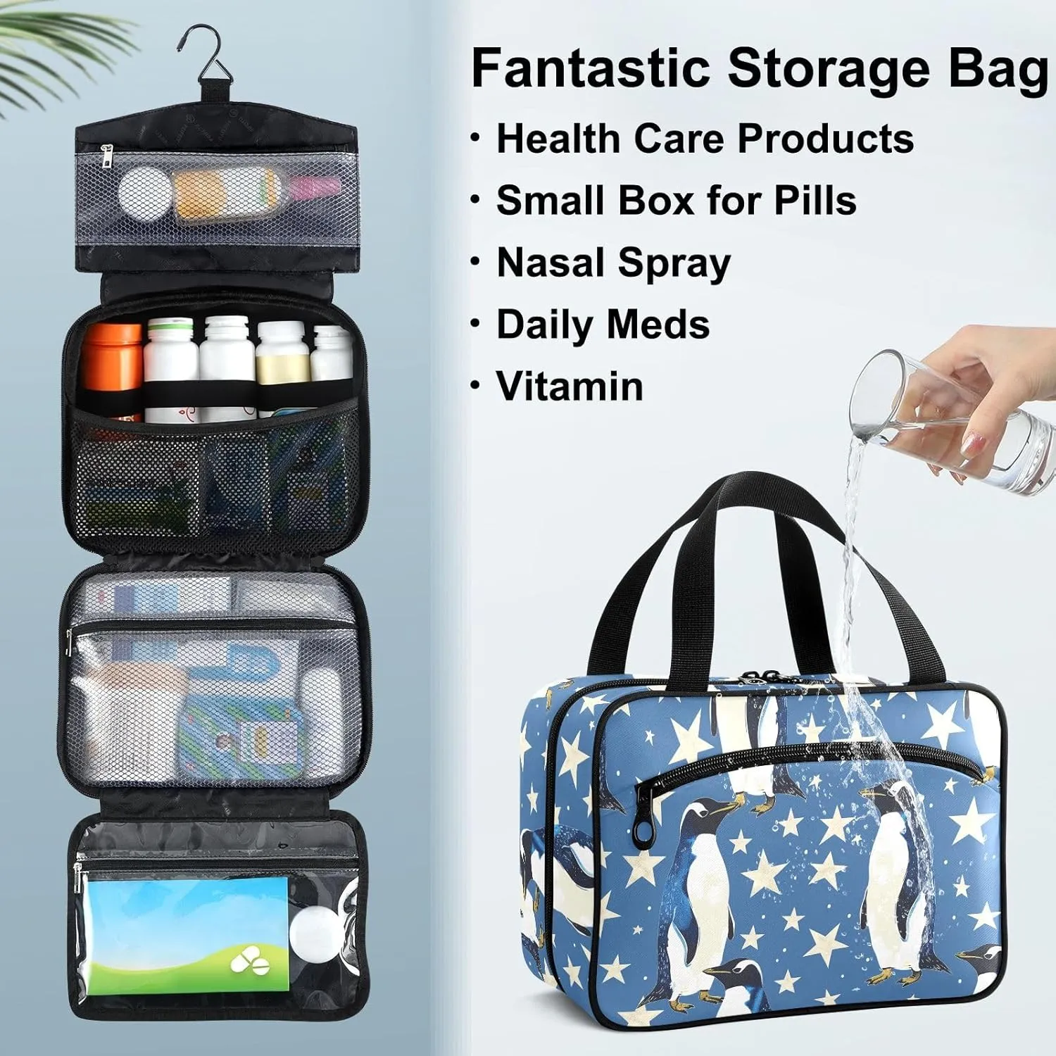 Fustylead Hand Draw Cute Penguin and Stars Large Medical Supplies Organizer Bag with Zipper Empty First Aid Bag Trauma Kit for Traveling Hiking Camping