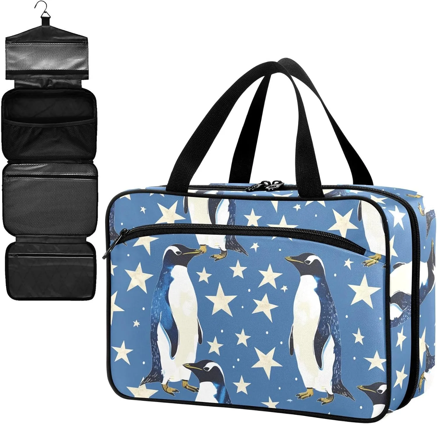 Fustylead Hand Draw Cute Penguin and Stars Large Medical Supplies Organizer Bag with Zipper Empty First Aid Bag Trauma Kit for Traveling Hiking Camping
