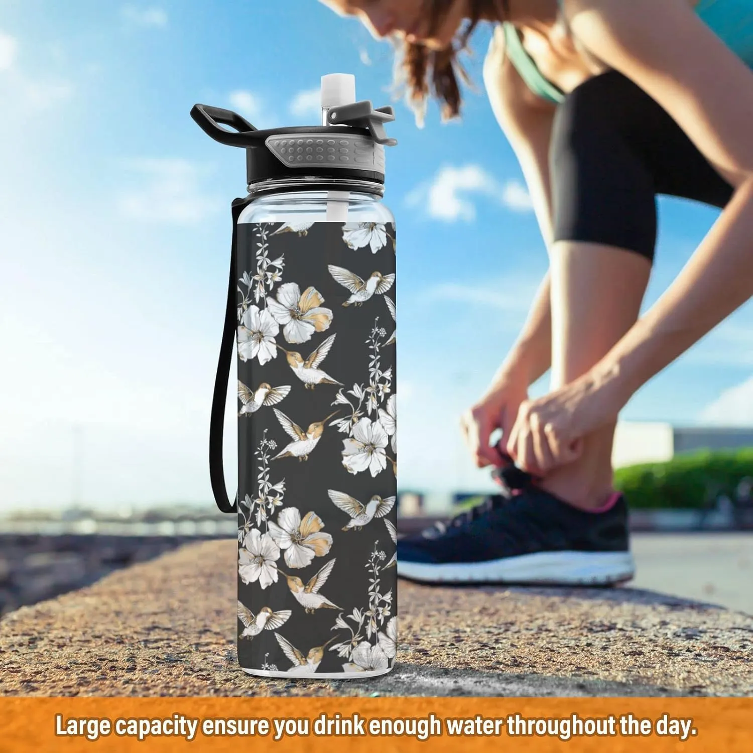 Fustylead Hummingbird and Hibiscus Flowers 32 oz BPA-Free Water Bottle with Straw, Leak-Proof Sport Bottle for Fitness, Gym, Camping, Outdoor Sports