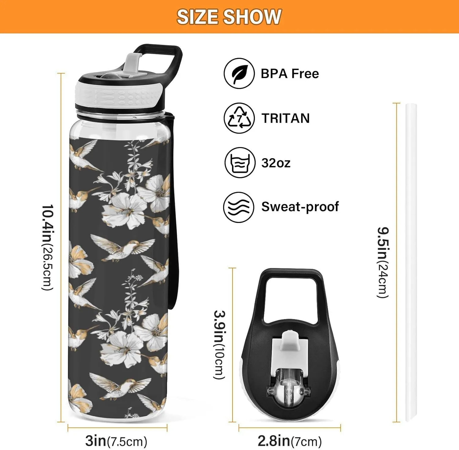 Fustylead Hummingbird and Hibiscus Flowers 32 oz BPA-Free Water Bottle with Straw, Leak-Proof Sport Bottle for Fitness, Gym, Camping, Outdoor Sports