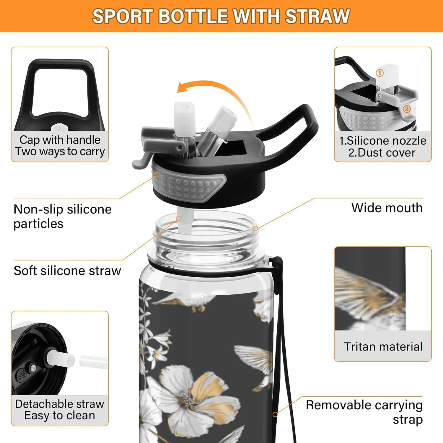 Fustylead Hummingbird and Hibiscus Flowers 32 oz BPA-Free Water Bottle with Straw, Leak-Proof Sport Bottle for Fitness, Gym, Camping, Outdoor Sports