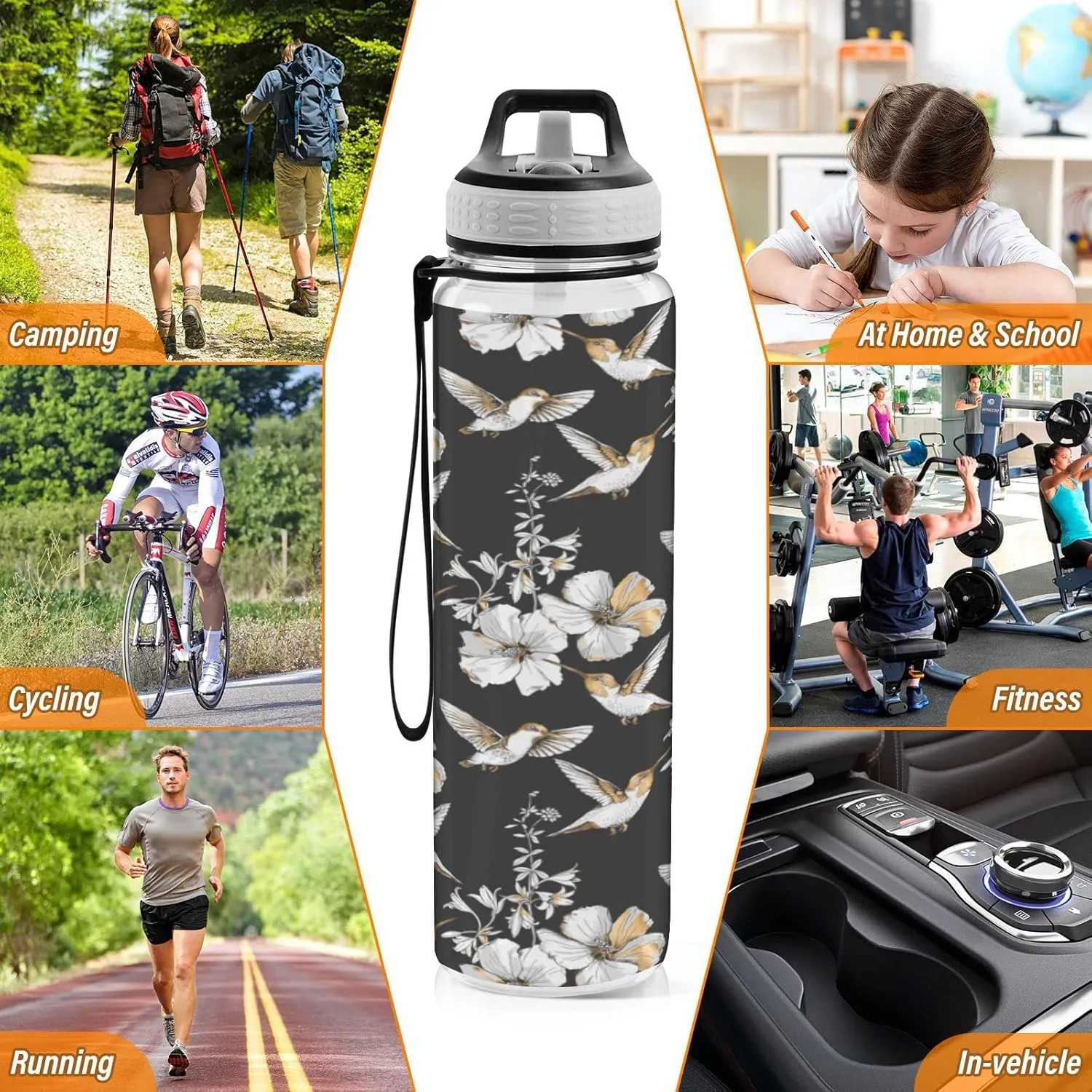 Fustylead Hummingbird and Hibiscus Flowers 32 oz BPA-Free Water Bottle with Straw, Leak-Proof Sport Bottle for Fitness, Gym, Camping, Outdoor Sports