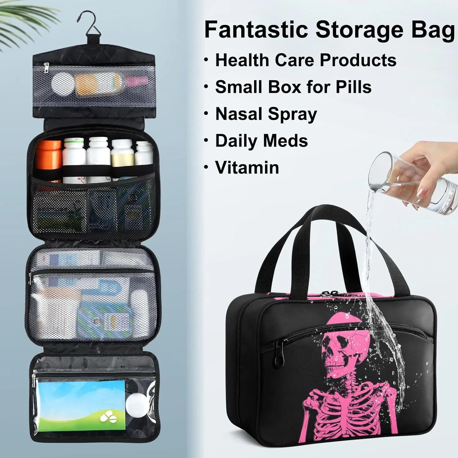 Fustylead Pink Skeleton on Black Background Large Medical Supplies Organizer Bag with Zipper Empty First Aid Bag Trauma Kit for Traveling Hiking Camping